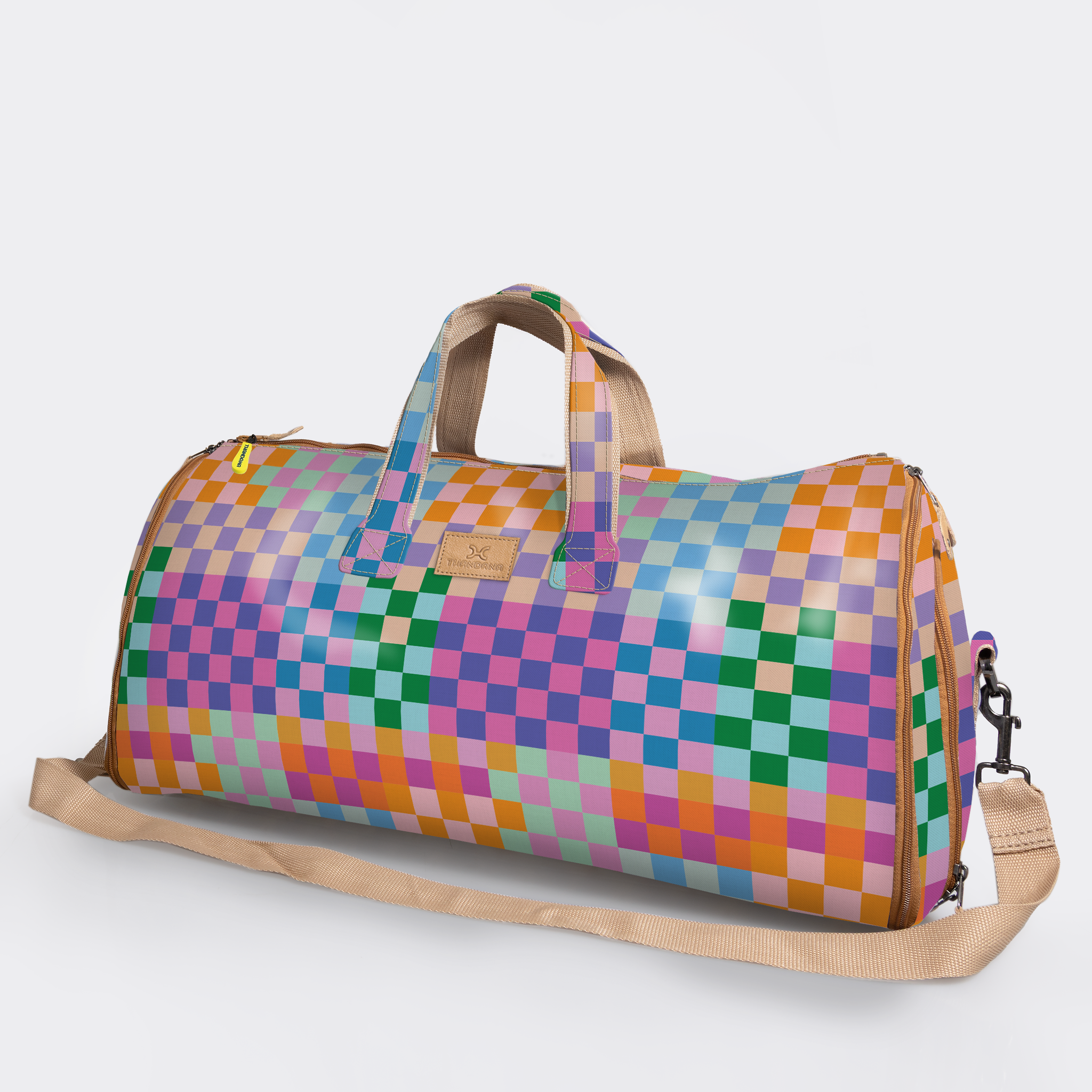 Carry All Travel Bag | Laminated Fabric with Genuine Leather Checker - Preppy Large Weekender Luggage Bag by Thandana