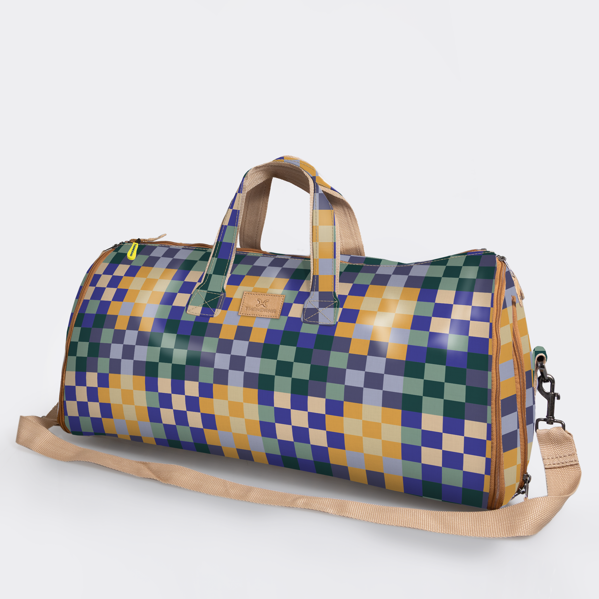 Carry All Travel Bag | Laminated Fabric with Genuine Leather Checker - Jet Large Weekender Luggage Bag by Thandana