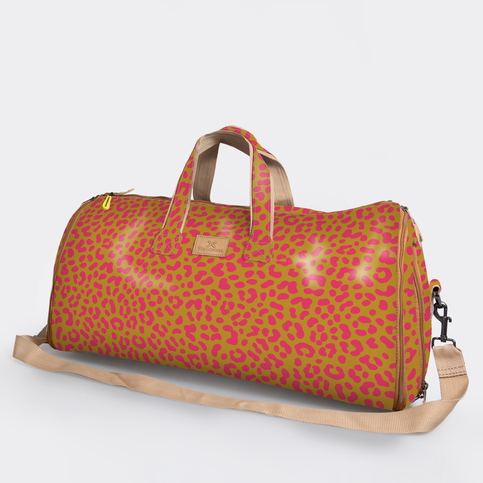 Carry All Travel Bag | Laminated Fabric with Genuine Leather Cheetah - Preppy Large Weekender Luggage Bag by Thandana