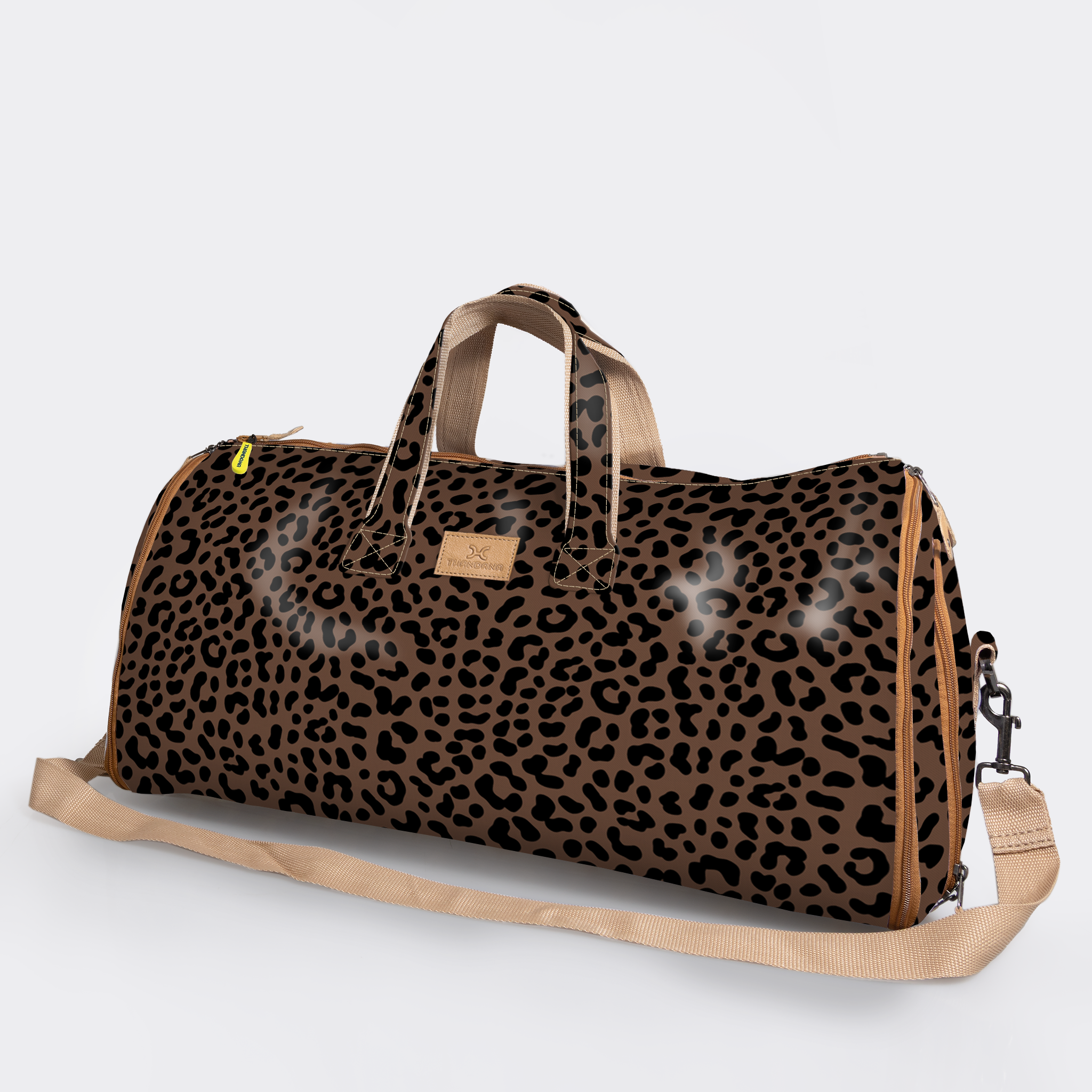 Carry All Travel Bag | Laminated Fabric with Genuine Leather Cheetah - Coffee Large Weekender Luggage Bag by Thandana