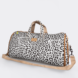 Carry All Travel Bag | Laminated Fabric with Genuine Leather Cheetah - White Large Weekender Luggage Bag by Thandana