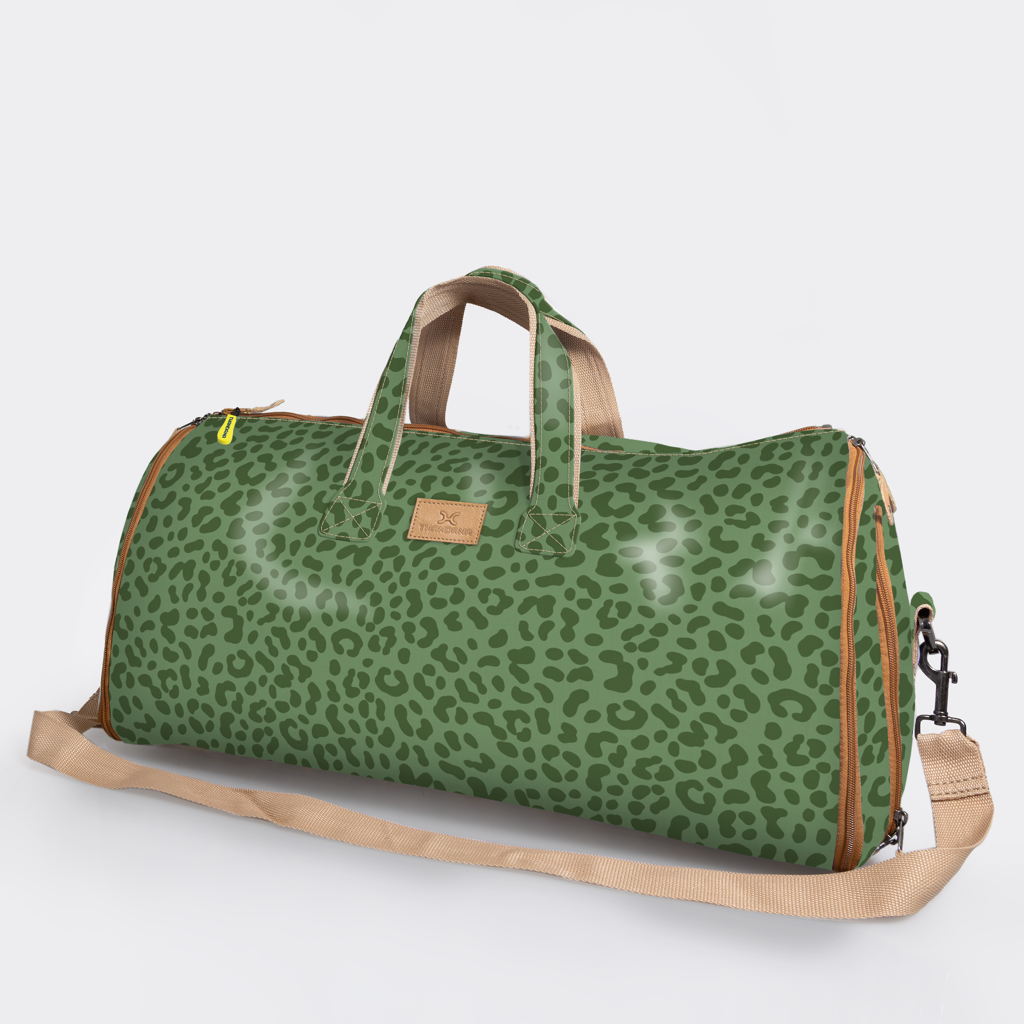 Carry All Travel Bag | Laminated Fabric with Genuine Leather Cheetah - Olive Large Weekender Luggage Bag by Thandana