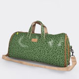Carry All Travel Bag | Laminated Fabric with Genuine Leather Cheetah - Olive Large Weekender Luggage Bag by Thandana