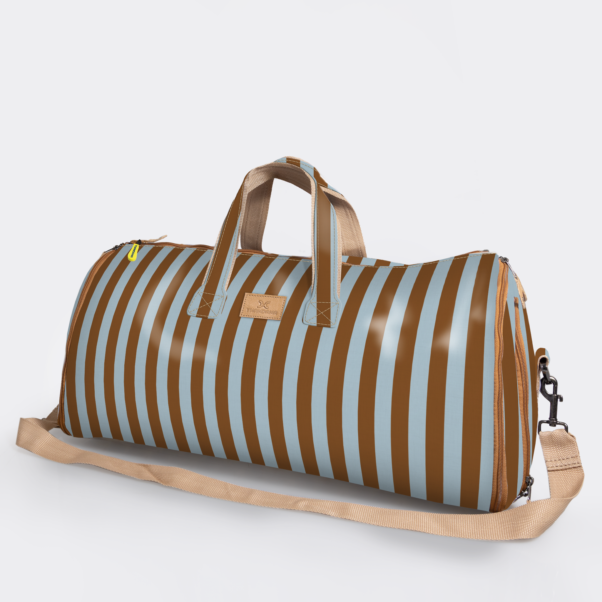 Carry All Travel Bag | Laminated Fabric with Genuine Leather Coastal Stripe - Blue Large Weekender Luggage Bag