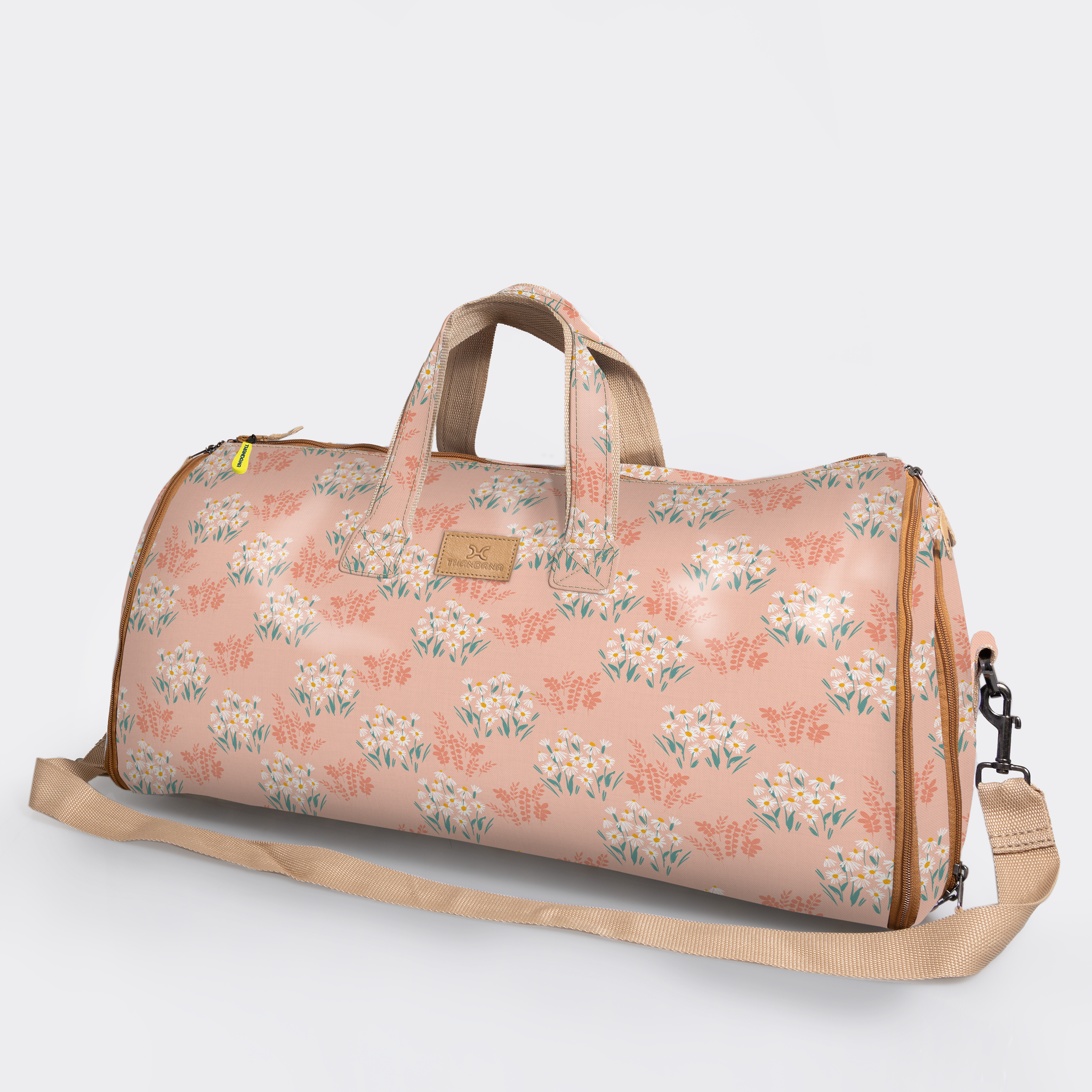 Carry All Travel Bag | Laminated Fabric with Genuine Leather Crazy Daisy - Blush Large Weekender Luggage Bag by Thandana