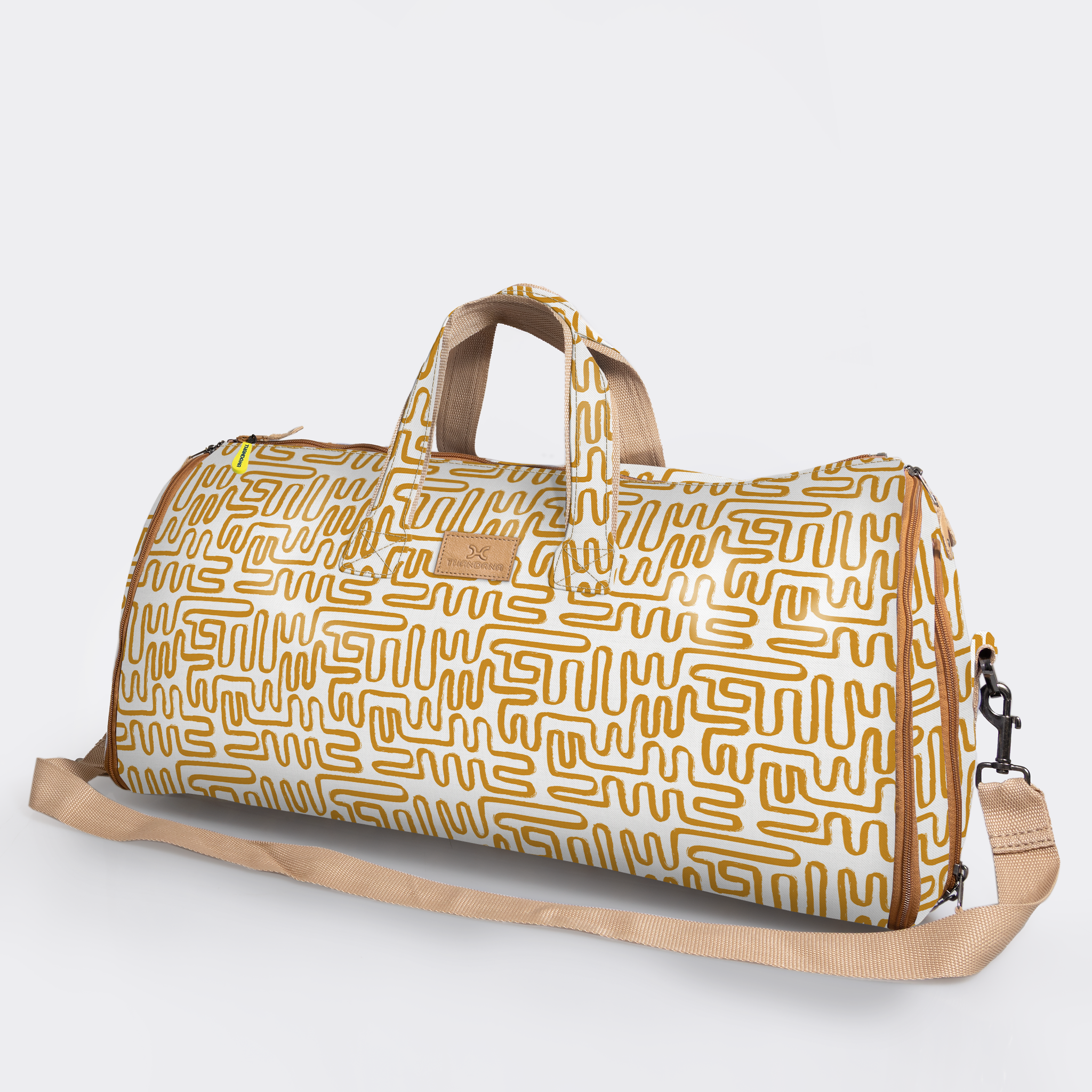 Carry All Travel Bag | Laminated Fabric with Genuine Leather Geo - Sand Large Weekender Luggage Bag by Thandana