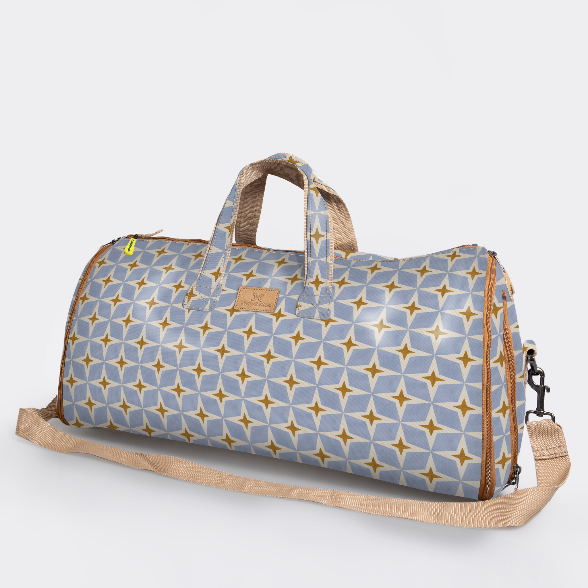Carry All Travel Bag | Laminated Fabric with Genuine Leather Nova - Mist Large Weekender Luggage Bag by Thandana