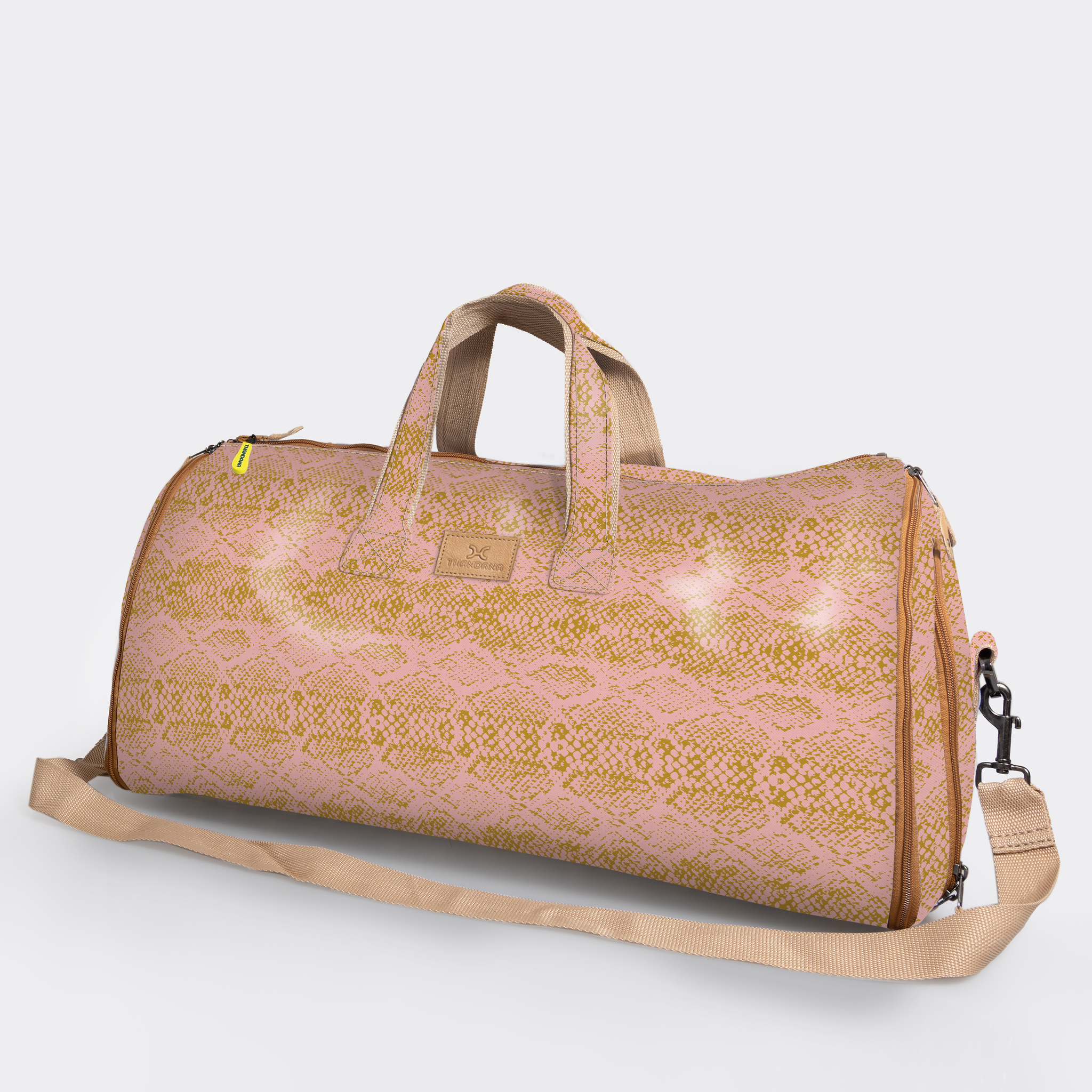 Carry All Travel Bag | Laminated Fabric with Genuine Leather Python - Bloom Large Weekender Luggage Bag by Thandana