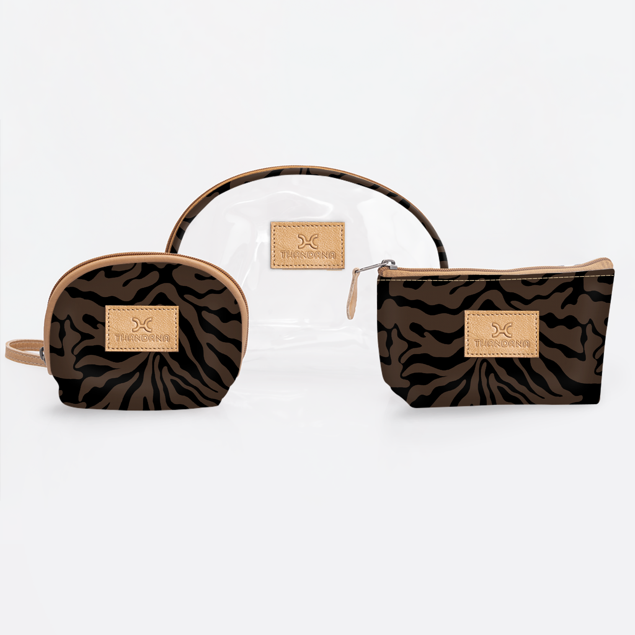 Clear Big Mouth Set | Laminated Fabric Nomad Stripe - Coffee / Chunky Zip Vanity Fabric by Thandana