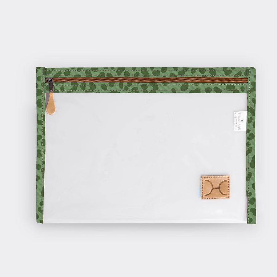 Clear Document Pouch | Laminated Fabric Cheetah - Olive / Chunky Zip Pouch by Thandana
