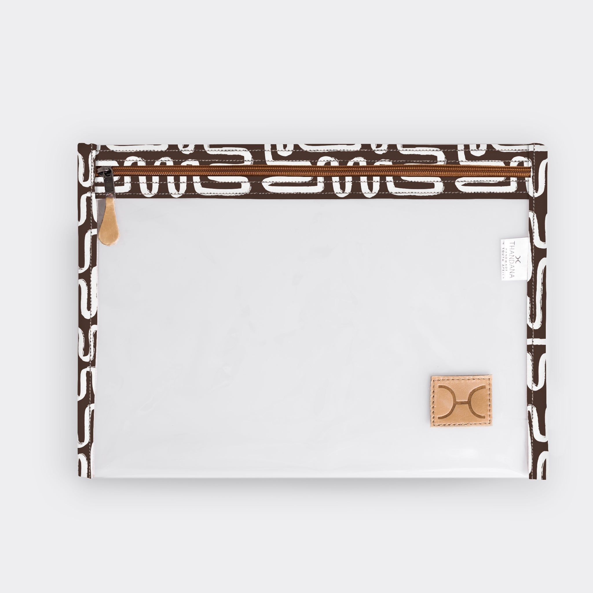 Clear Document Pouch | Laminated Fabric Geo - Black / Chunky Zip Pouch by Thandana