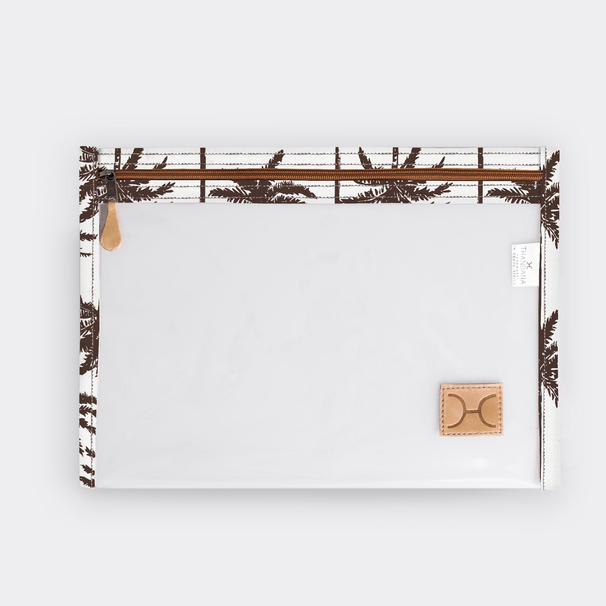 Clear Document Pouch | Laminated Fabric Palm - Neutral / Chunky Zip Pouch by Thandana