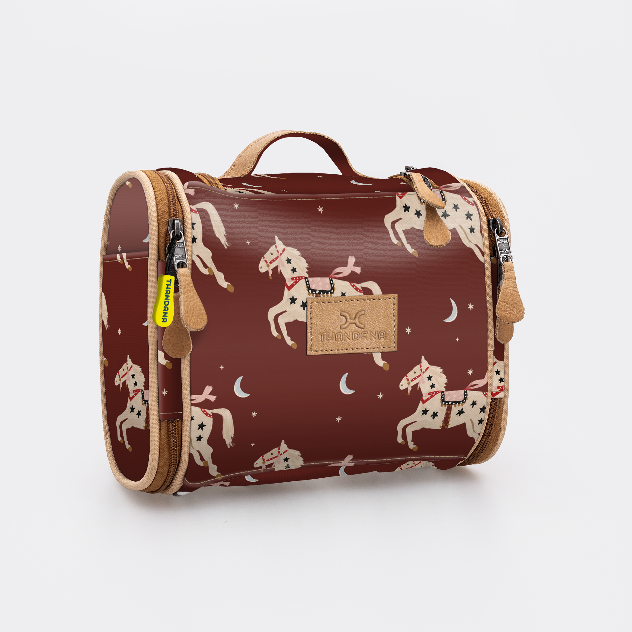Compact Travel Vanity | Laminated Fabric with Genuine Leather Midnight Pony - Cherry Vanity Fabric by Thandana