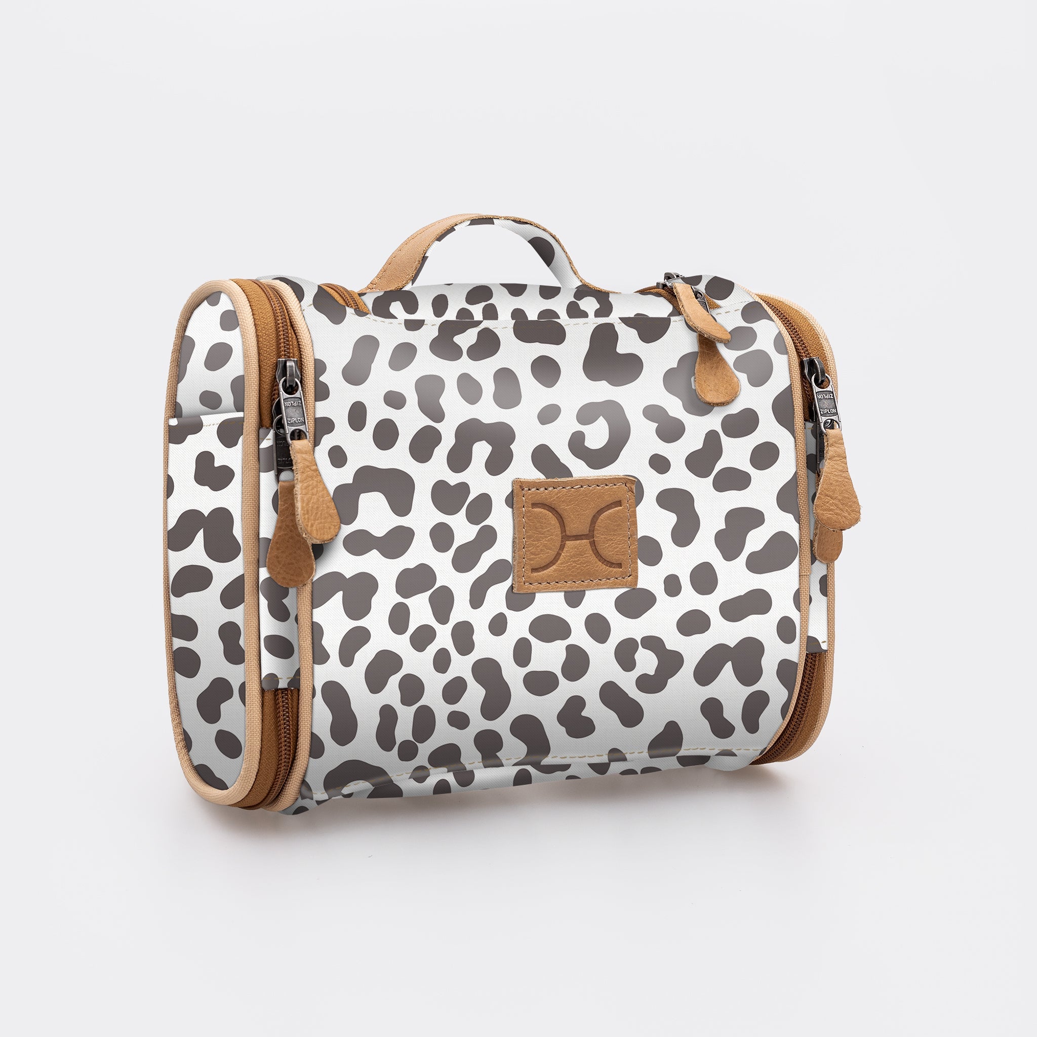 Compact Travel Vanity | Laminated Fabric with Genuine Leather Cheetah – White Vanity Fabric by Thandana