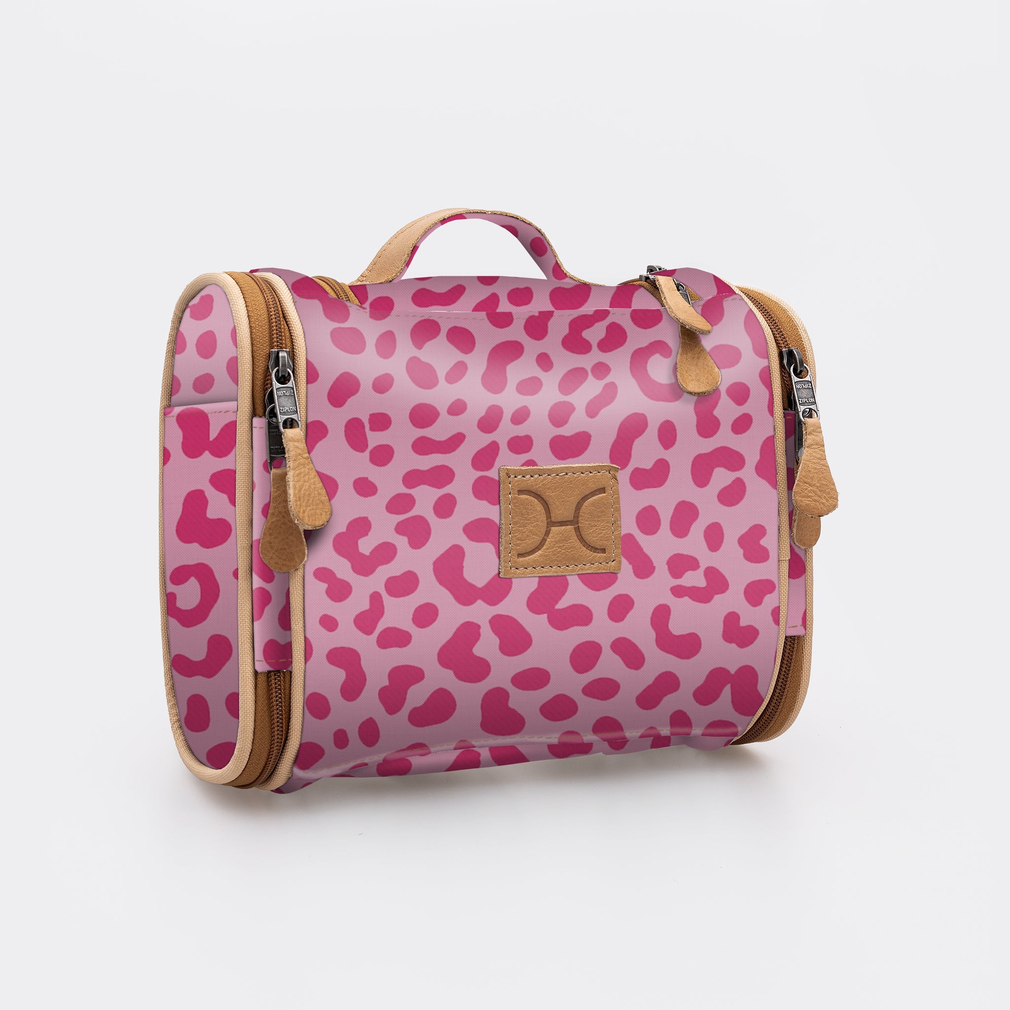 Compact Travel Vanity | Laminated Fabric with Genuine Leather Cheetah – Pink Vanity Fabric by Thandana