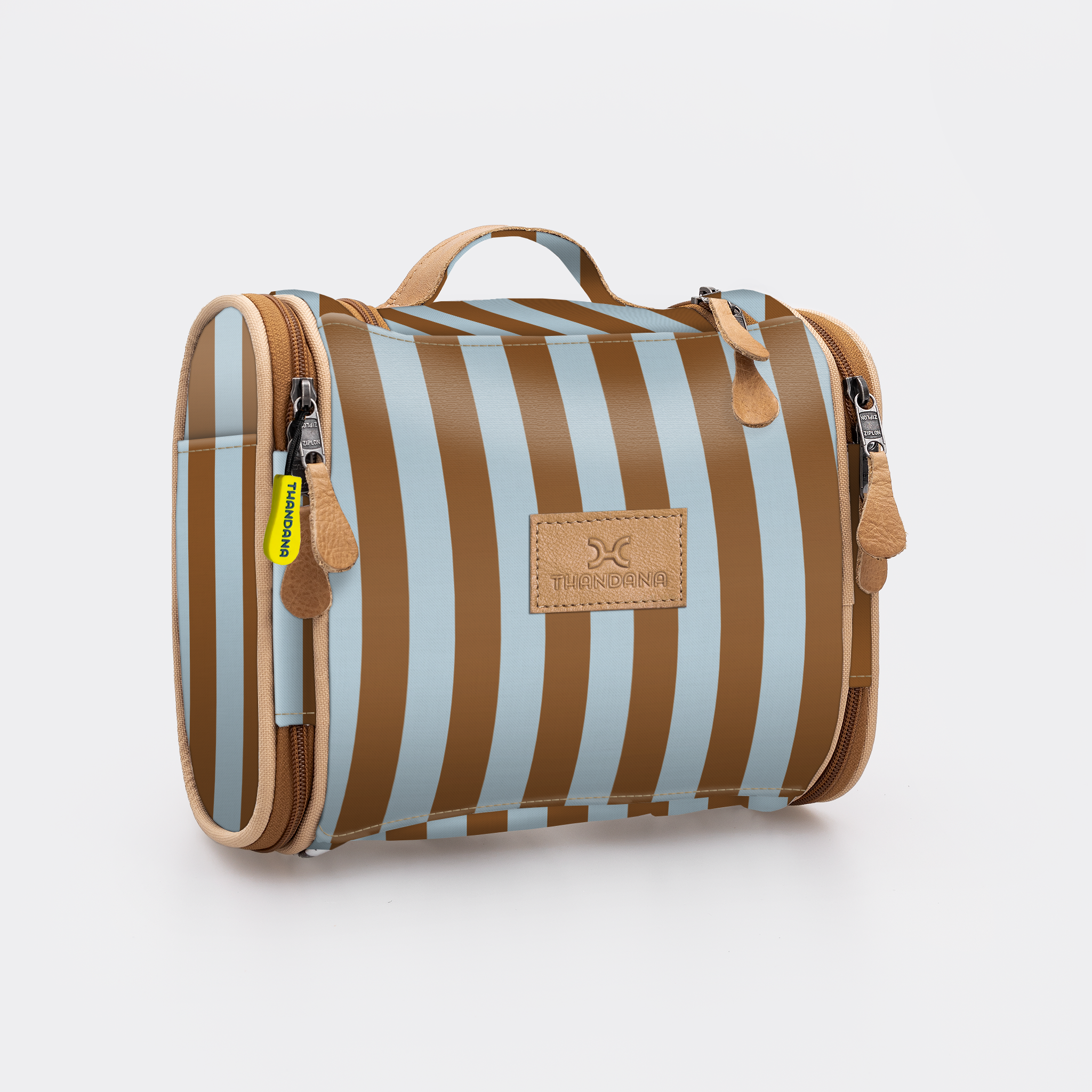 Compact Travel Vanity | Laminated Fabric with Genuine Leather Coastal Stripe - Blue Vanity Fabric by Thandana