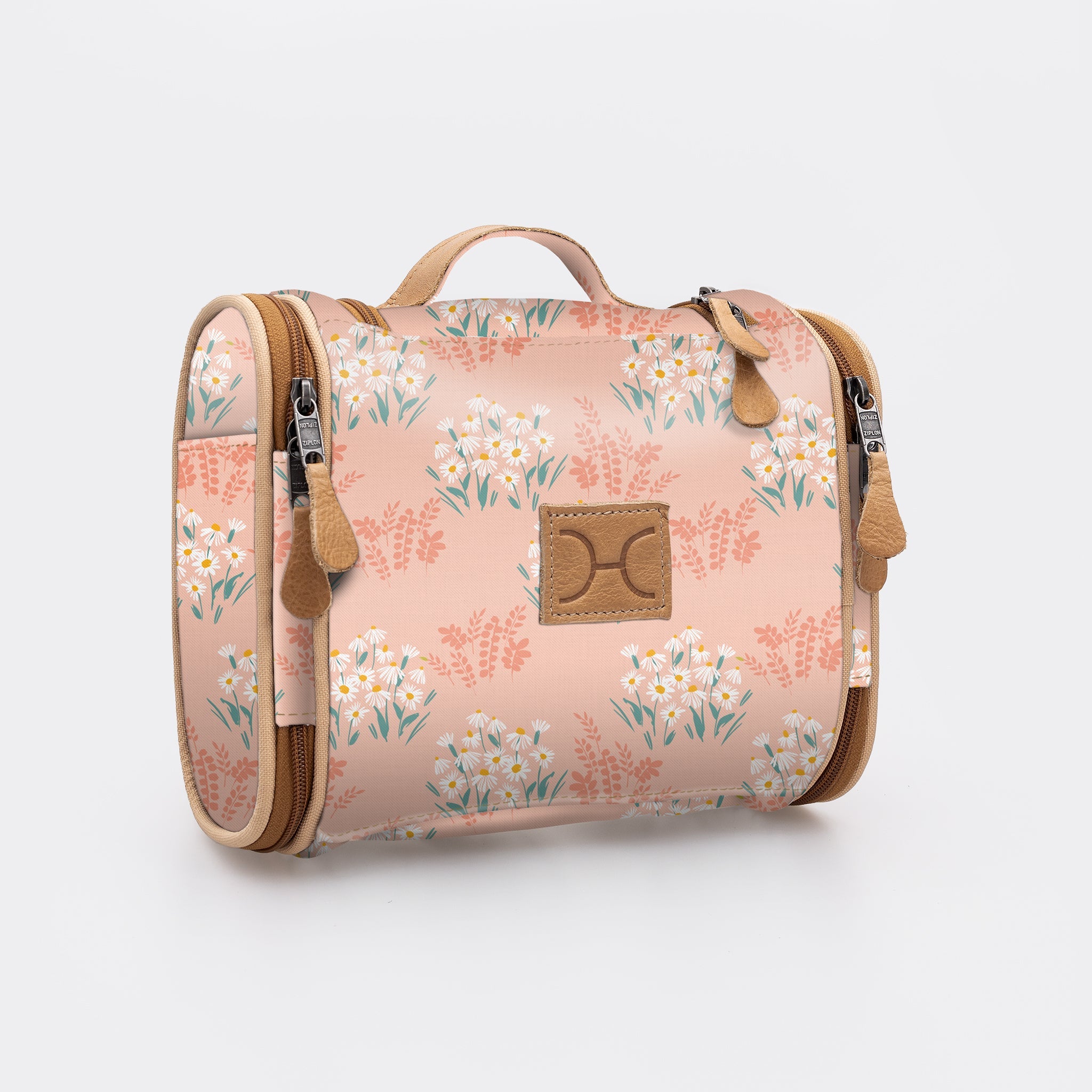 Compact Travel Vanity | Laminated Fabric with Genuine Leather Crazy Daisy - Blush Vanity Fabric by Thandana
