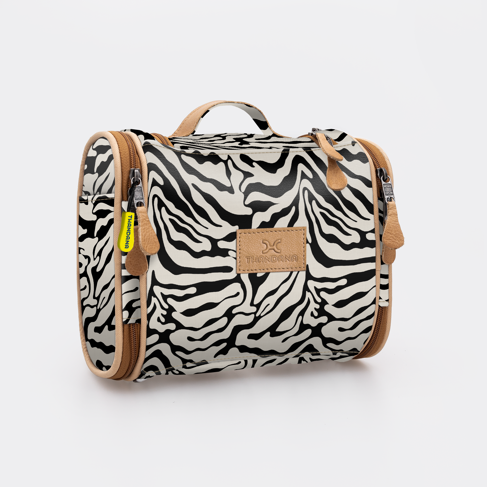 Compact Travel Vanity | Laminated Fabric with Genuine Leather Nomad Stripe - Pitch Vanity Fabric by Thandana