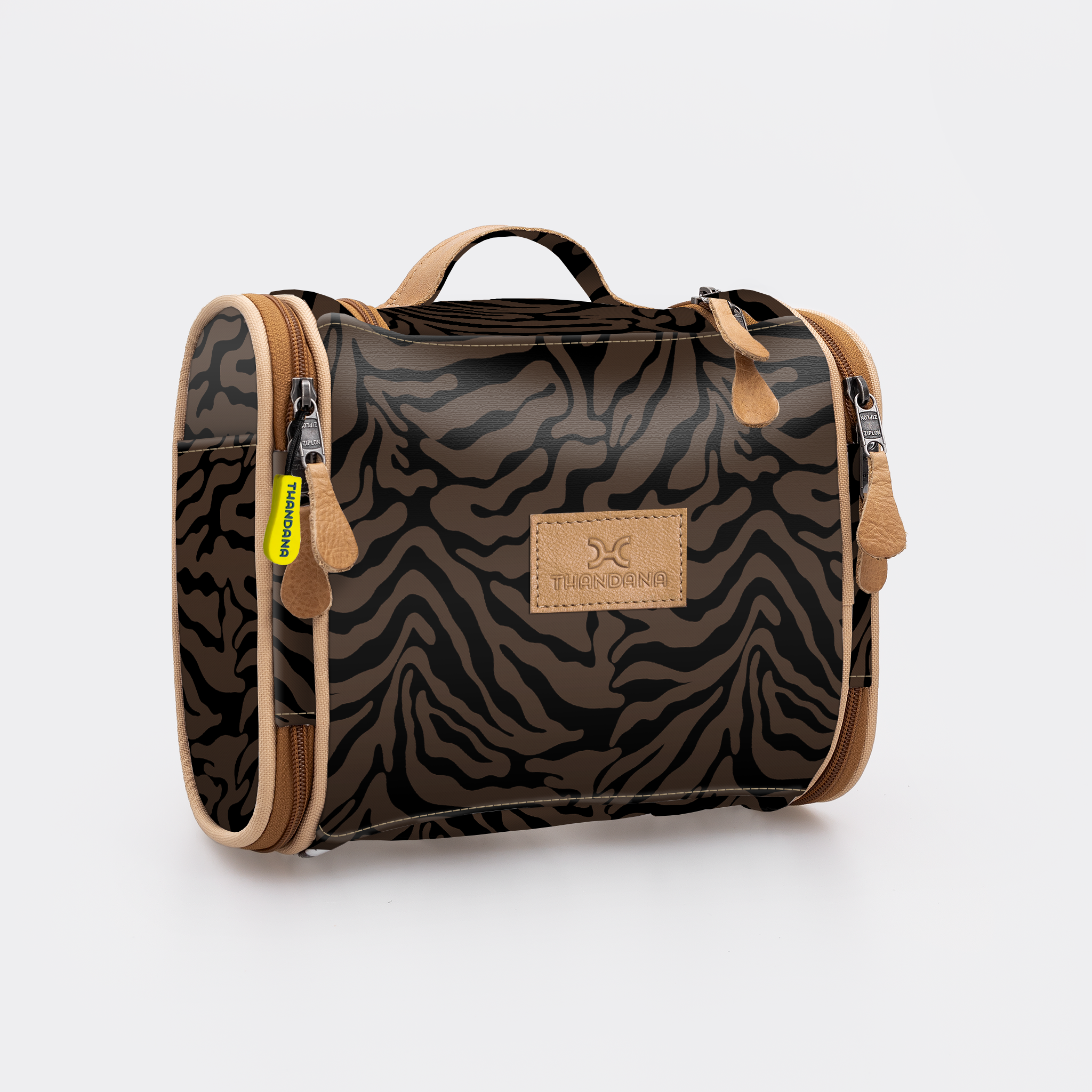 Compact Travel Vanity | Laminated Fabric with Genuine Leather Nomad Stripe - Coffee Vanity Fabric by Thandana