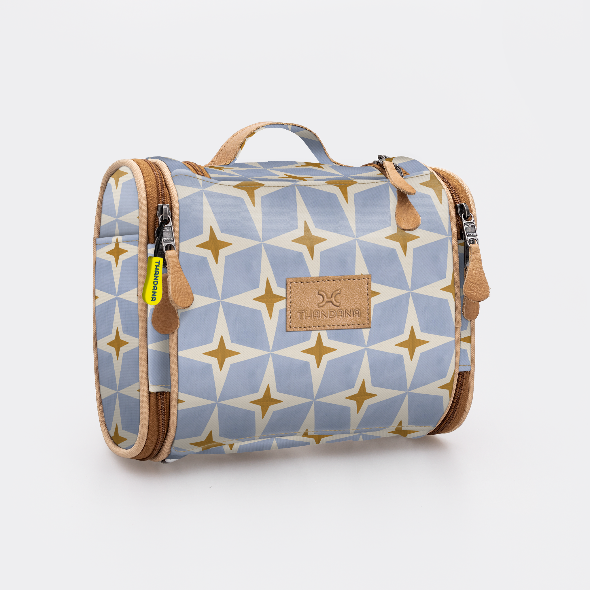 Compact Travel Vanity | Laminated Fabric with Genuine Leather Nova - Mist Vanity Fabric by Thandana