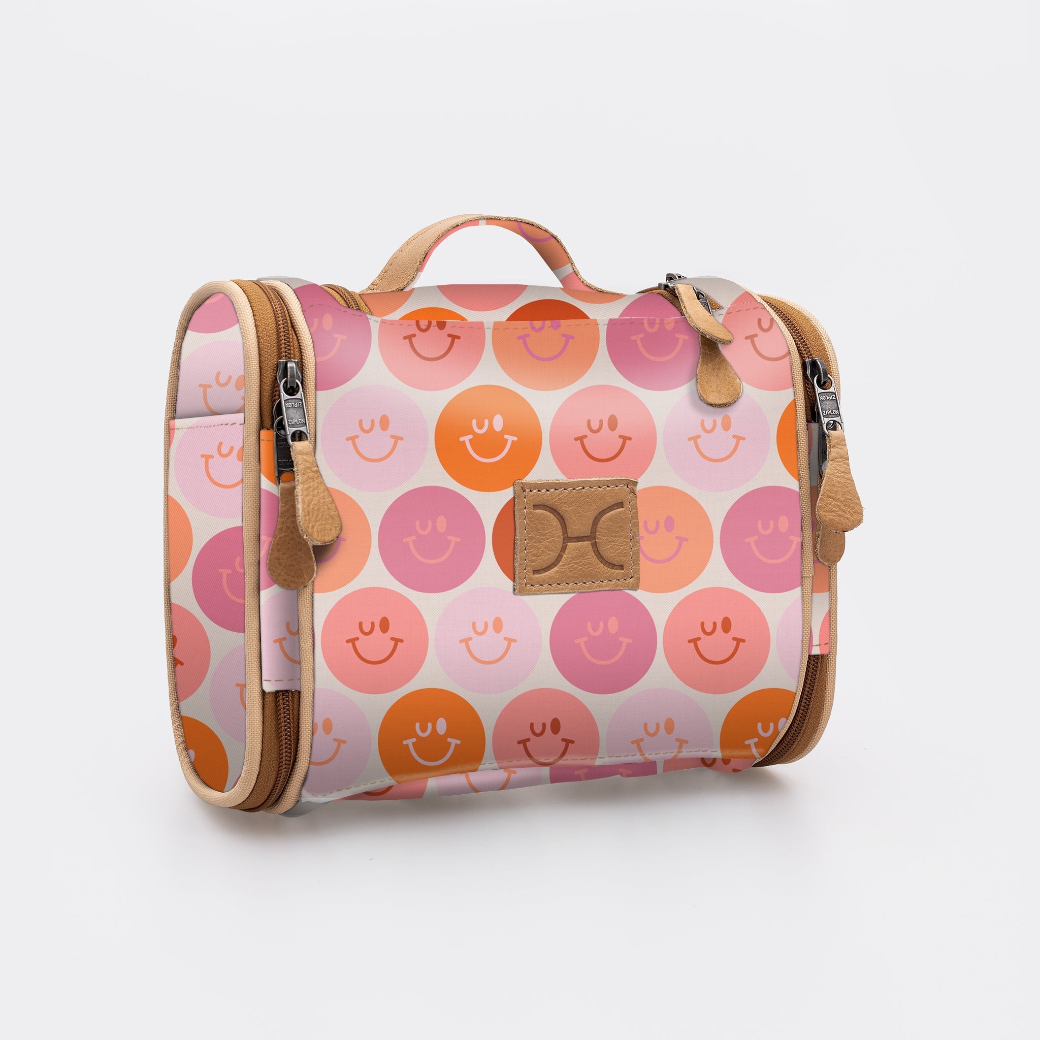 Compact Travel Vanity | Laminated Fabric with Genuine Leather Smiley - Blush Vanity Fabric by Thandana