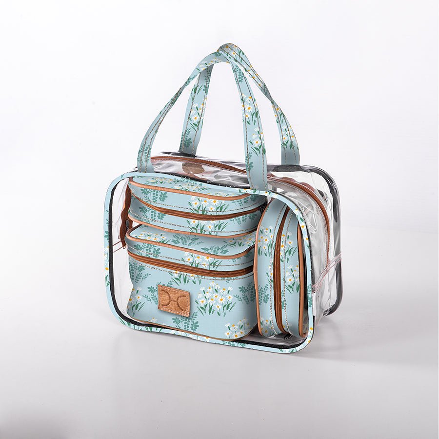 Cosmetic Maxi Bag Set | Laminated Fabric Crazy Daisy - Sage / Chunky Zip Vanity Fabric by Thandana