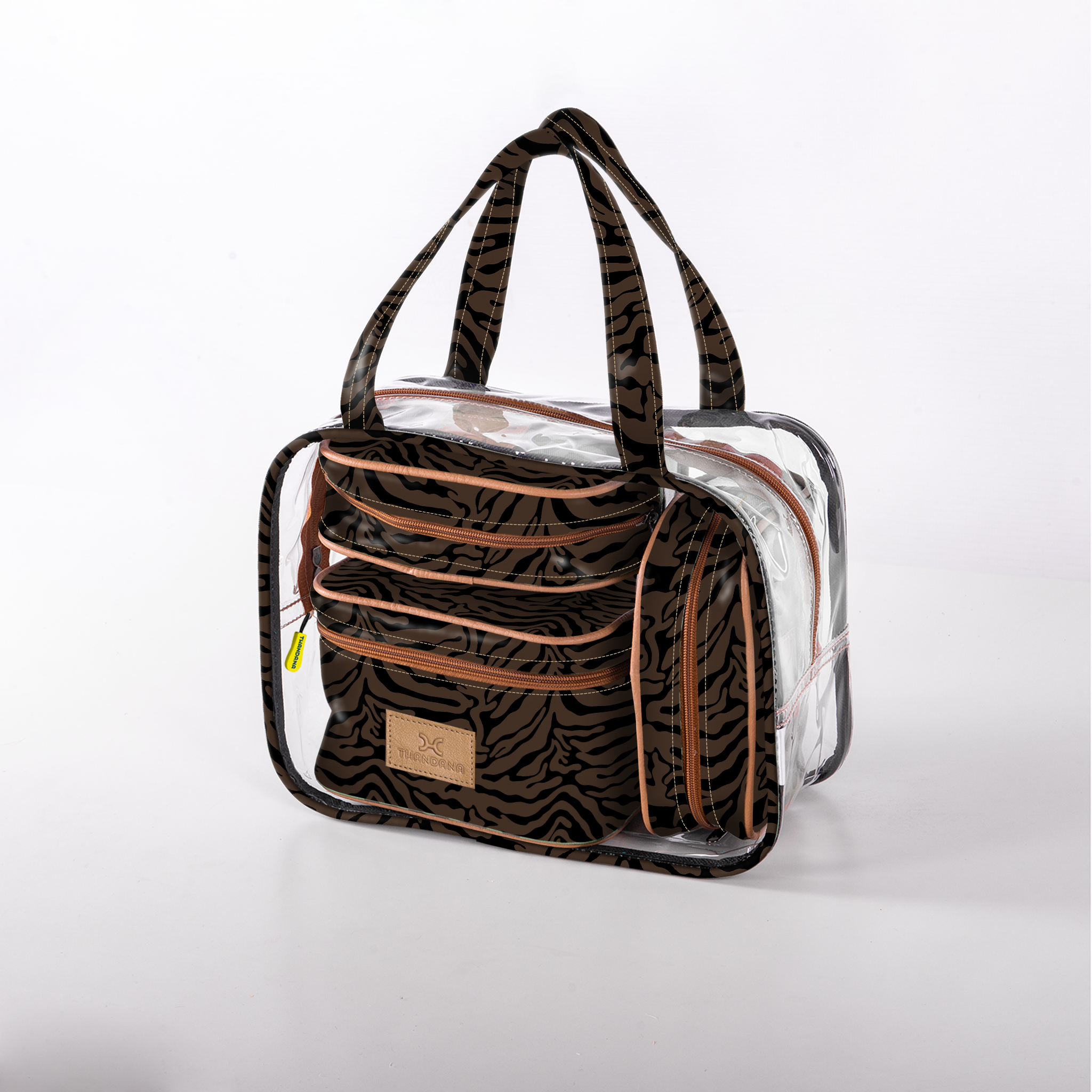 Cosmetic Maxi Bag Set | Laminated Fabric Nomad Stripe - Coffee / Chunky Zip Vanity Fabric by Thandana