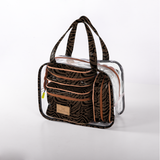 Cosmetic Maxi Bag Set | Laminated Fabric Nomad Stripe - Coffee / Chunky Zip Vanity Fabric by Thandana