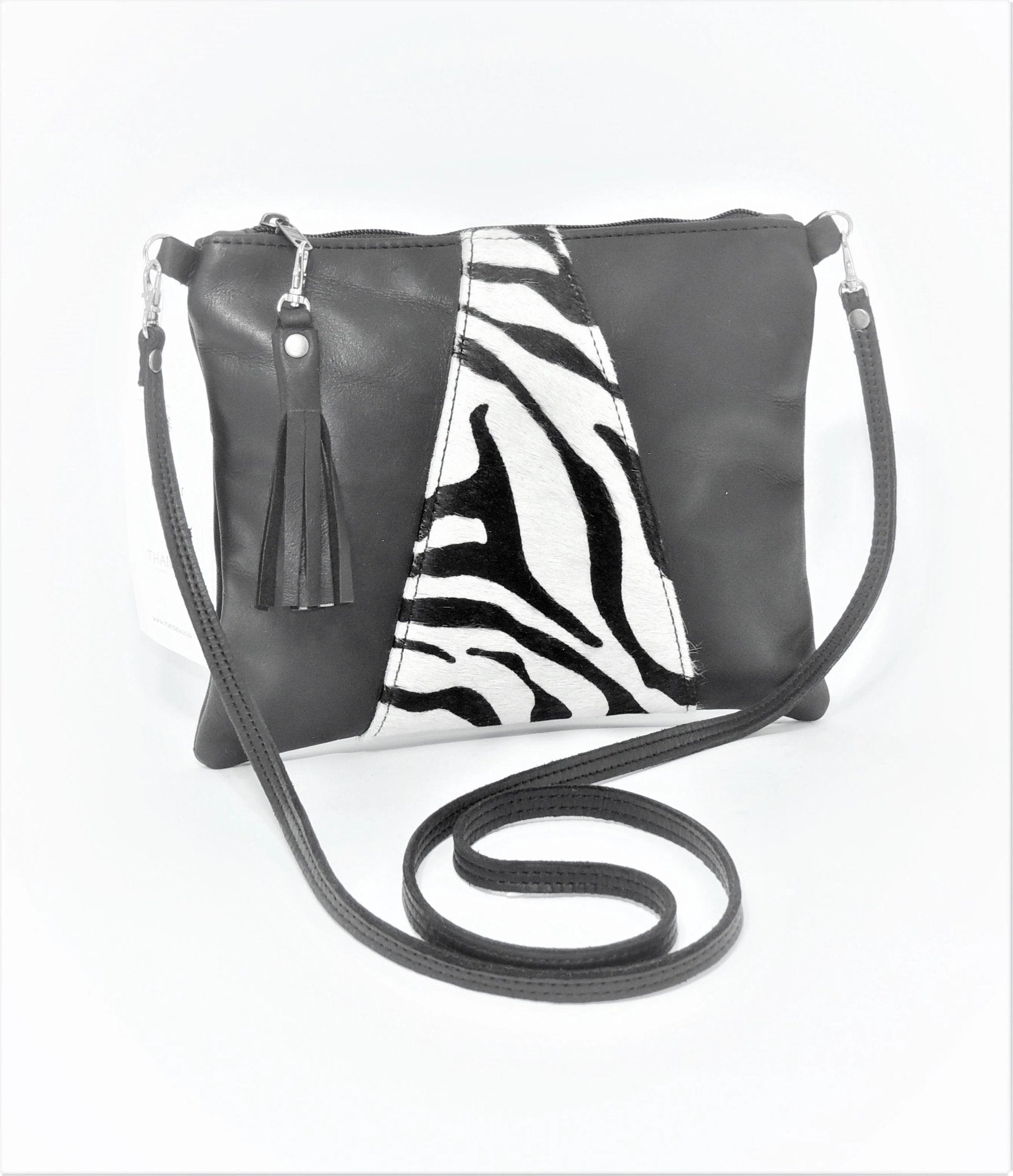 Crossover Handbag | Faux Fur Genuine Leather Black Zebra Print Leather Crossover Handbag by Thandana