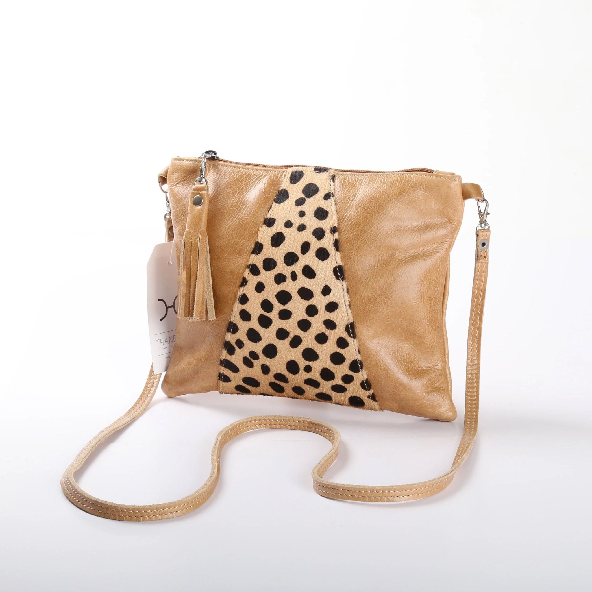 Crossover Handbag | Faux Fur Genuine Leather Hazelnut Cheetah Beige Print Leather Crossover Handbag by Thandana