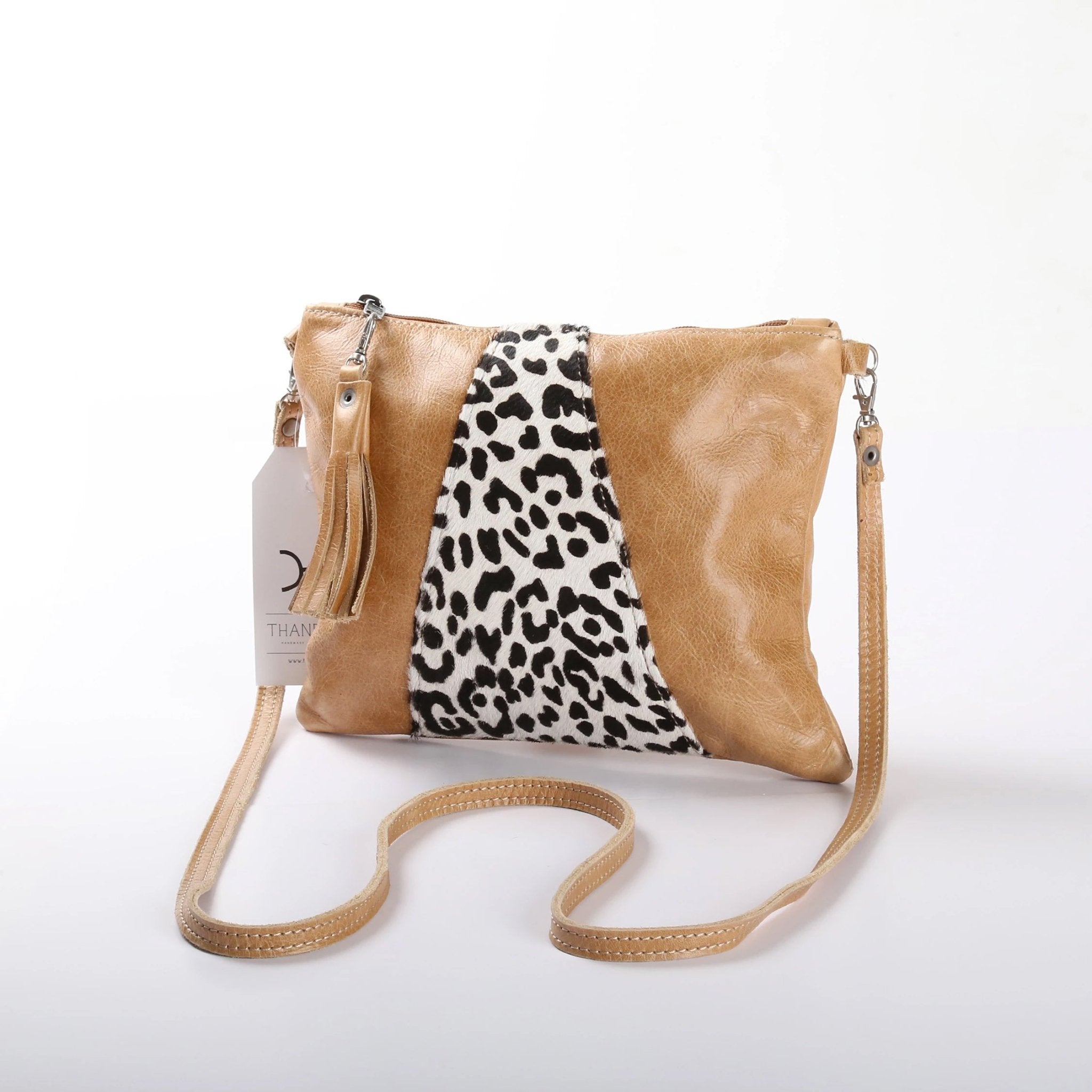 Crossover Handbag | Faux Fur Genuine Leather Hazelnut Wild Cat Print Leather Crossover Handbag by Thandana