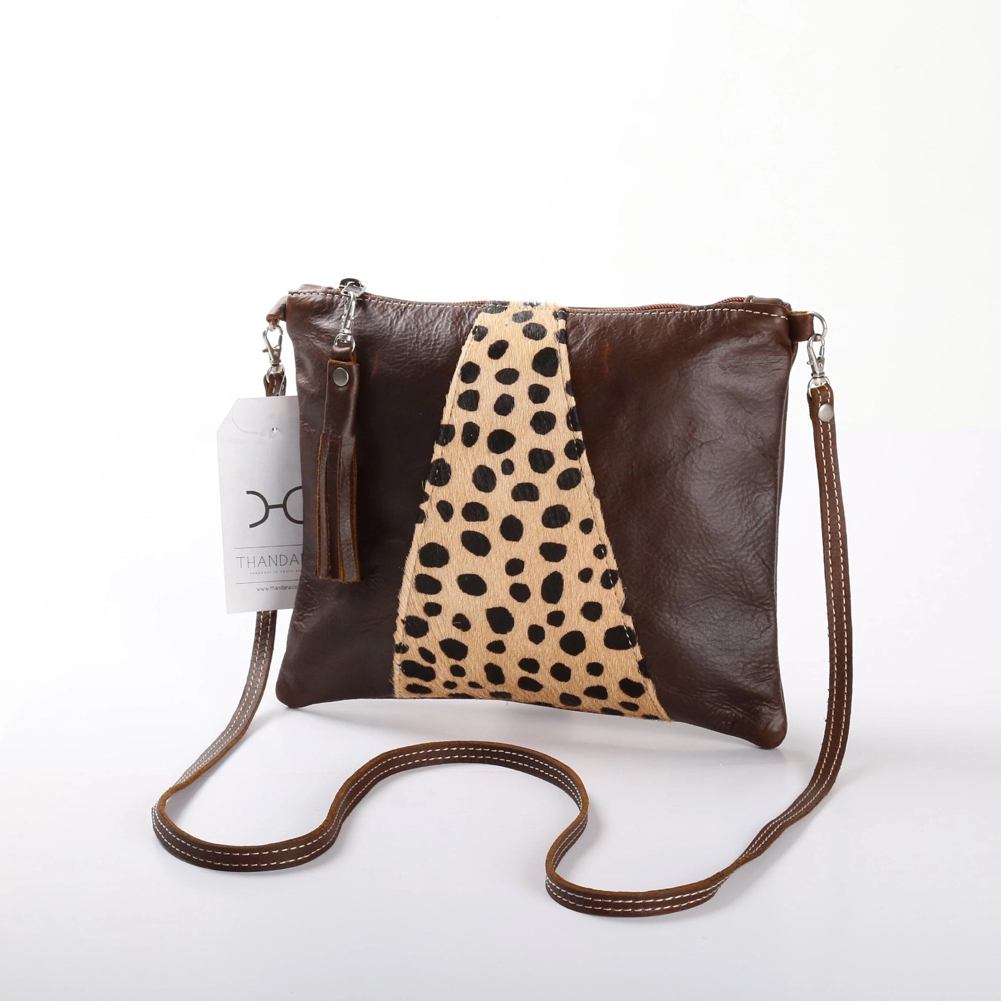 Crossover Handbag | Faux Fur Genuine Leather Tobac Cheetah Beige Print Leather Crossover Handbag by Thandana