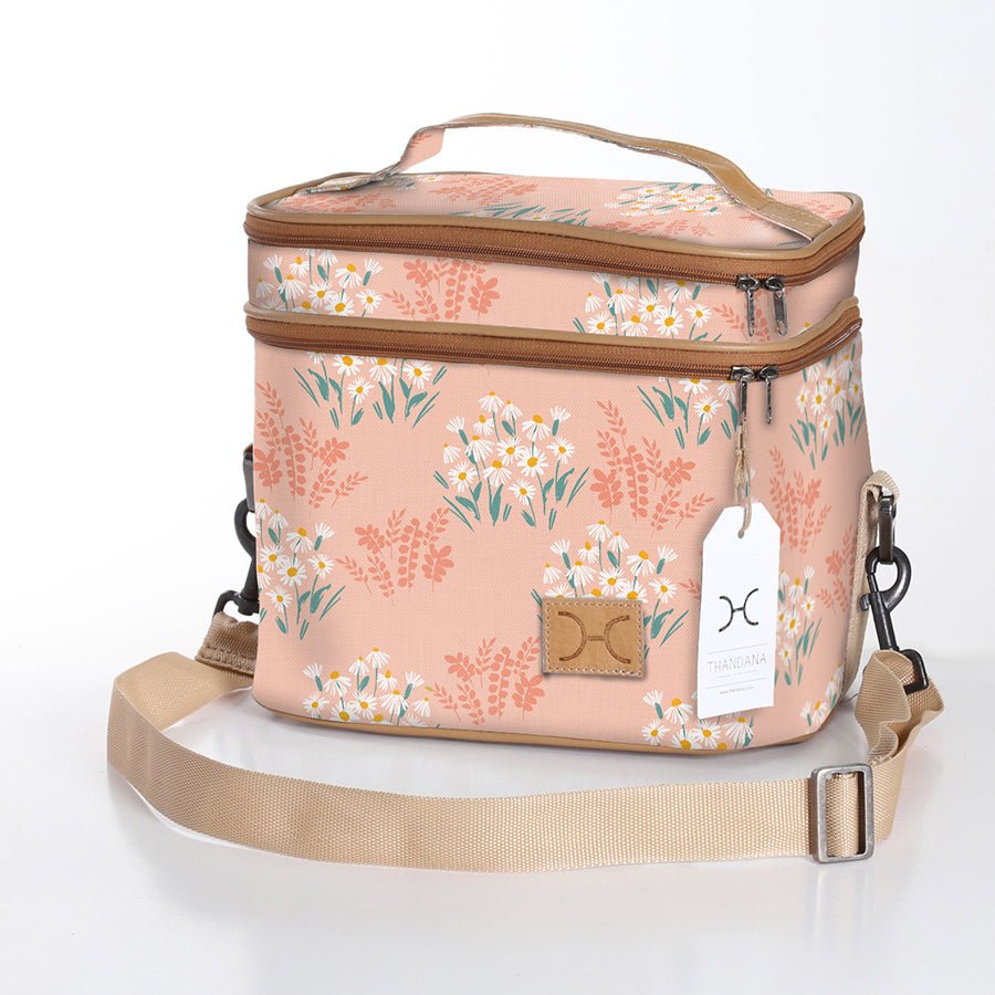 Double Decker Cooler Bag | Laminated Fabric with Genuine Leather Crazy Daisy - Blush / Chunky Zip Double Decker Cooler