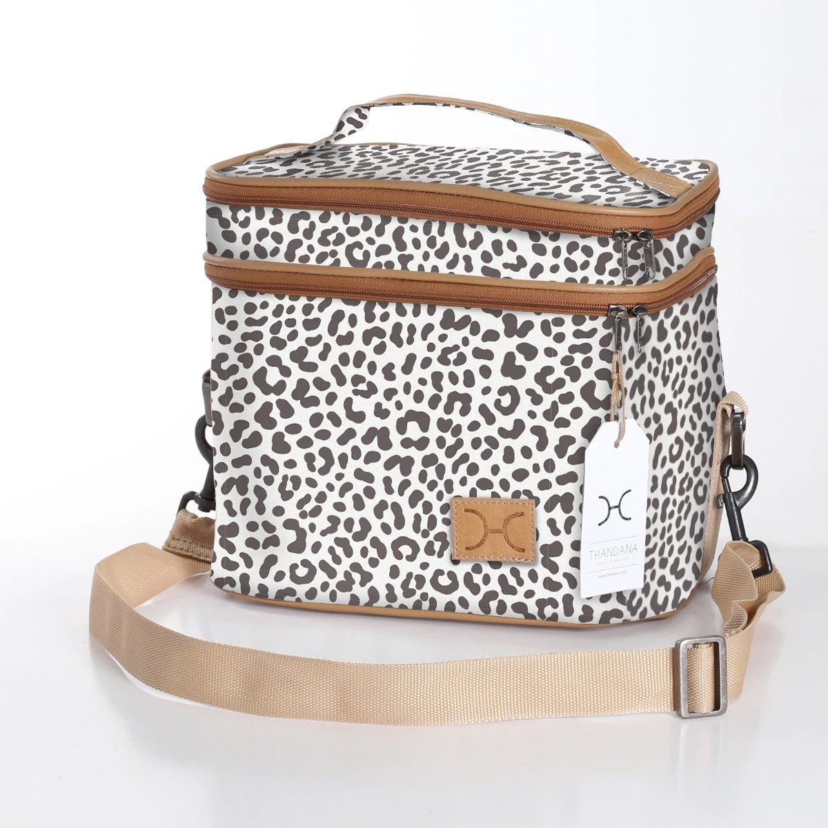 Double Decker Cooler Bag | Laminated Fabric with Genuine Leather Cheetah - White / Chunky Zip Double Decker Cooler Bag