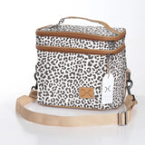 Double Decker Cooler Bag | Laminated Fabric with Genuine Leather Cheetah - White / Chunky Zip Double Decker Cooler Bag