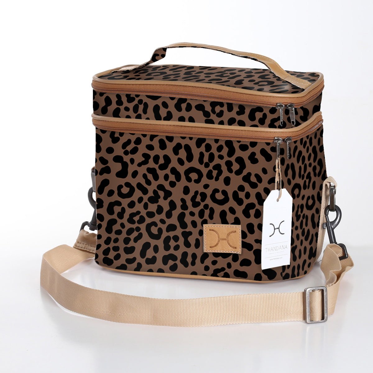 Double Decker Cooler Bag | Laminated Fabric with Genuine Leather Cheetah - Coffee / Chunky Zip Double Decker Cooler Bag