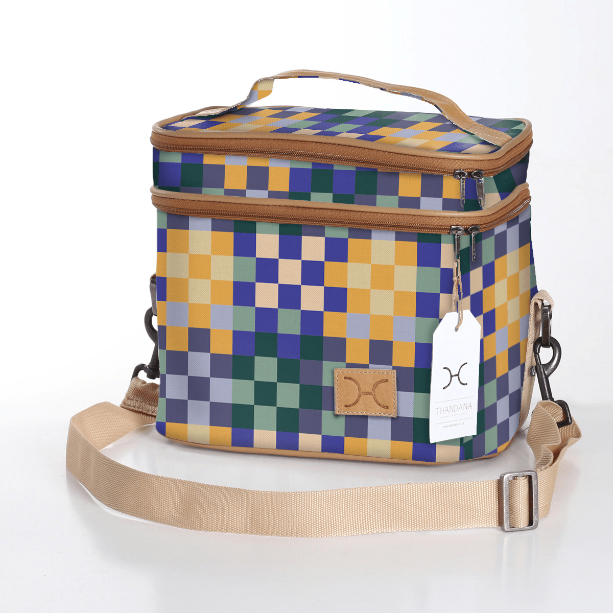 Double Decker Cooler Bag | Laminated Fabric with Genuine Leather Checker - Jet / Chunky Zip Double Decker Cooler Bag