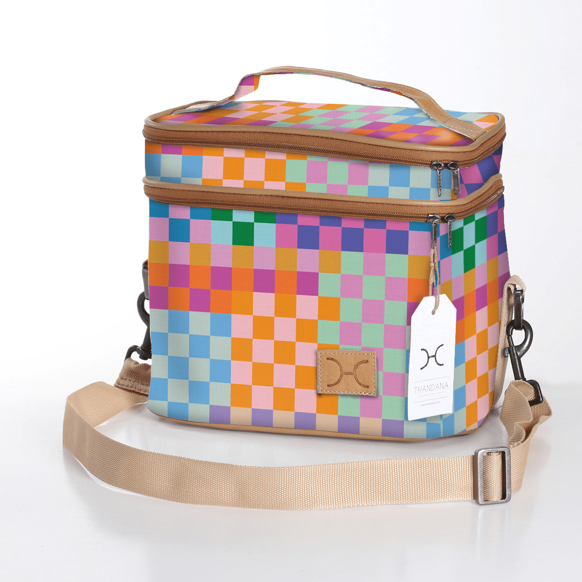 Double Decker Cooler Bag | Laminated Fabric with Genuine Leather Checker - Preppy / Chunky Zip Double Decker Cooler Bag