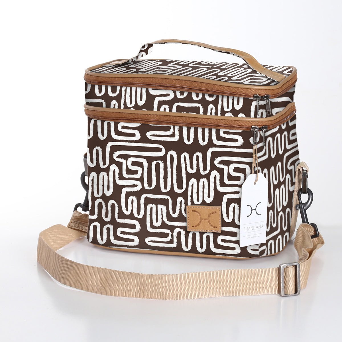 Double Decker Cooler Bag | Laminated Fabric with Genuine Leather Geo - Black / Chunky Zip Double Decker Cooler Bag