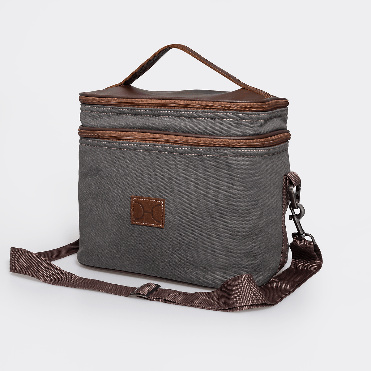 Double Decker Cooler Bag | Wax Canvas with Genuine Leather Charcoal Canvas with Tobac Leather Double Decker by Thandana