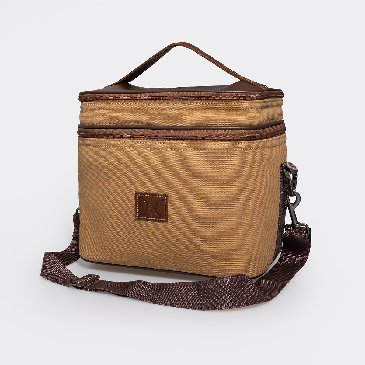 Double Decker Cooler Bag | Wax Canvas with Genuine Leather | Corporate Camel Canvas with Tobac Leather / Gun Metal