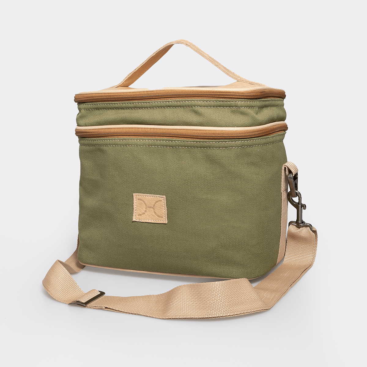 Double Decker Cooler Bag | Wax Canvas with Genuine Leather Sage Canvas with Hazelnut Leather Double Decker by Thandana