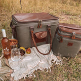 Double Lunch Box Cooler | Wax Canvas & Genuine Leather with Hard Inner Bin | Corporate Box Cooler by Thandana