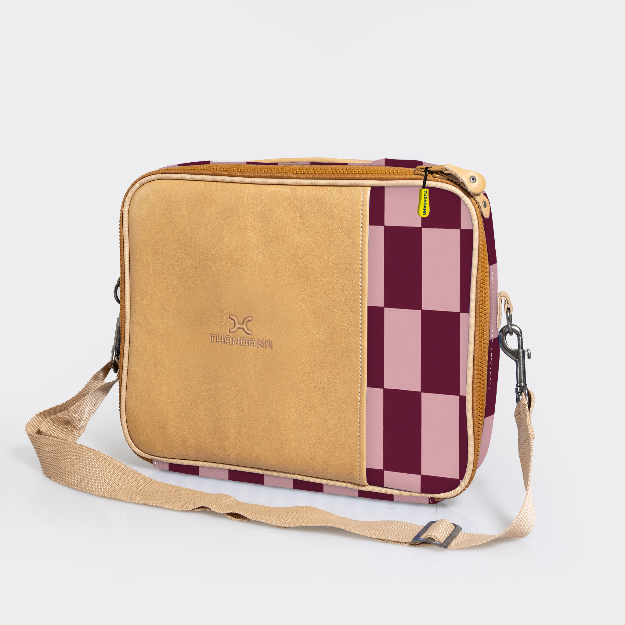 Essential Laptop Bag 13’ | Laminated Fabric with Genuine Leather Checkmate - Cherry Laptop Fabric Bag by Thandana