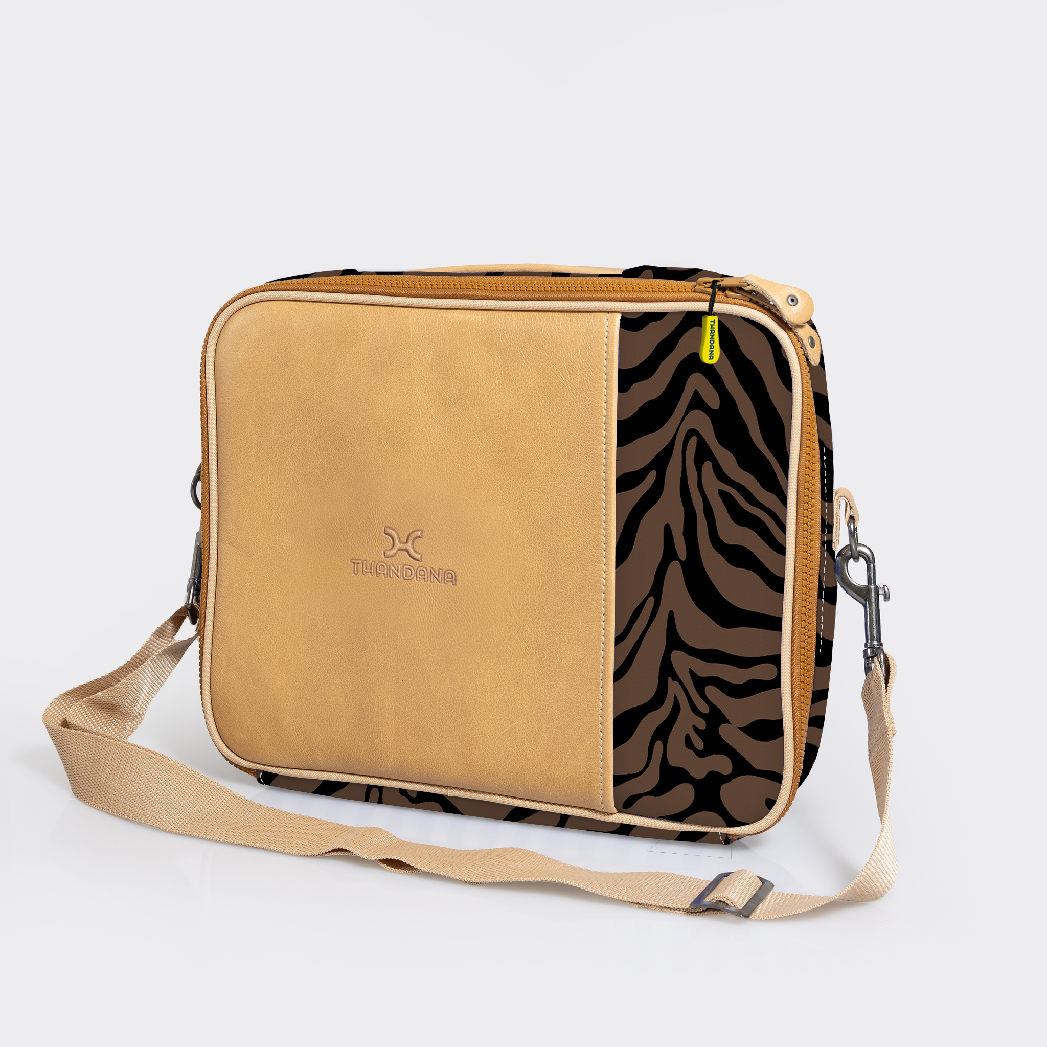 Essential Laptop Bag 13’ | Laminated Fabric with Genuine Leather Nomad Stripe - Coffee Laptop Fabric Bag by Thandana