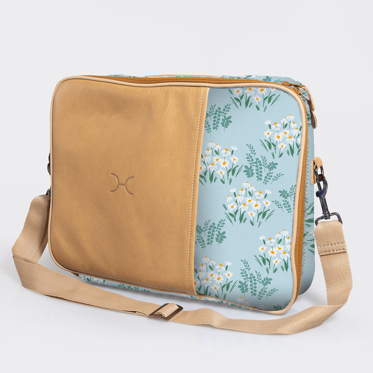 Essential Laptop Bag 15’ | Laminated Fabric with Genuine Leather Crazy Daisy - Sage Laptop Fabric Bag by Thandana