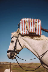 A glossy red and white striped travel bag with tan leather handles.