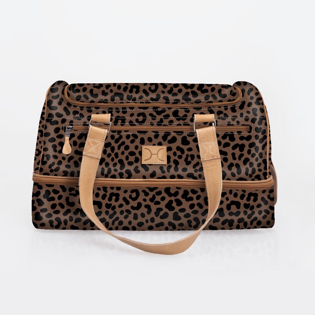 Golf Bag | Laminated Fabric with Genuine Leather Cheetah - Coffee / Chunky Zip Travel Golf Bag Laminated Fabric