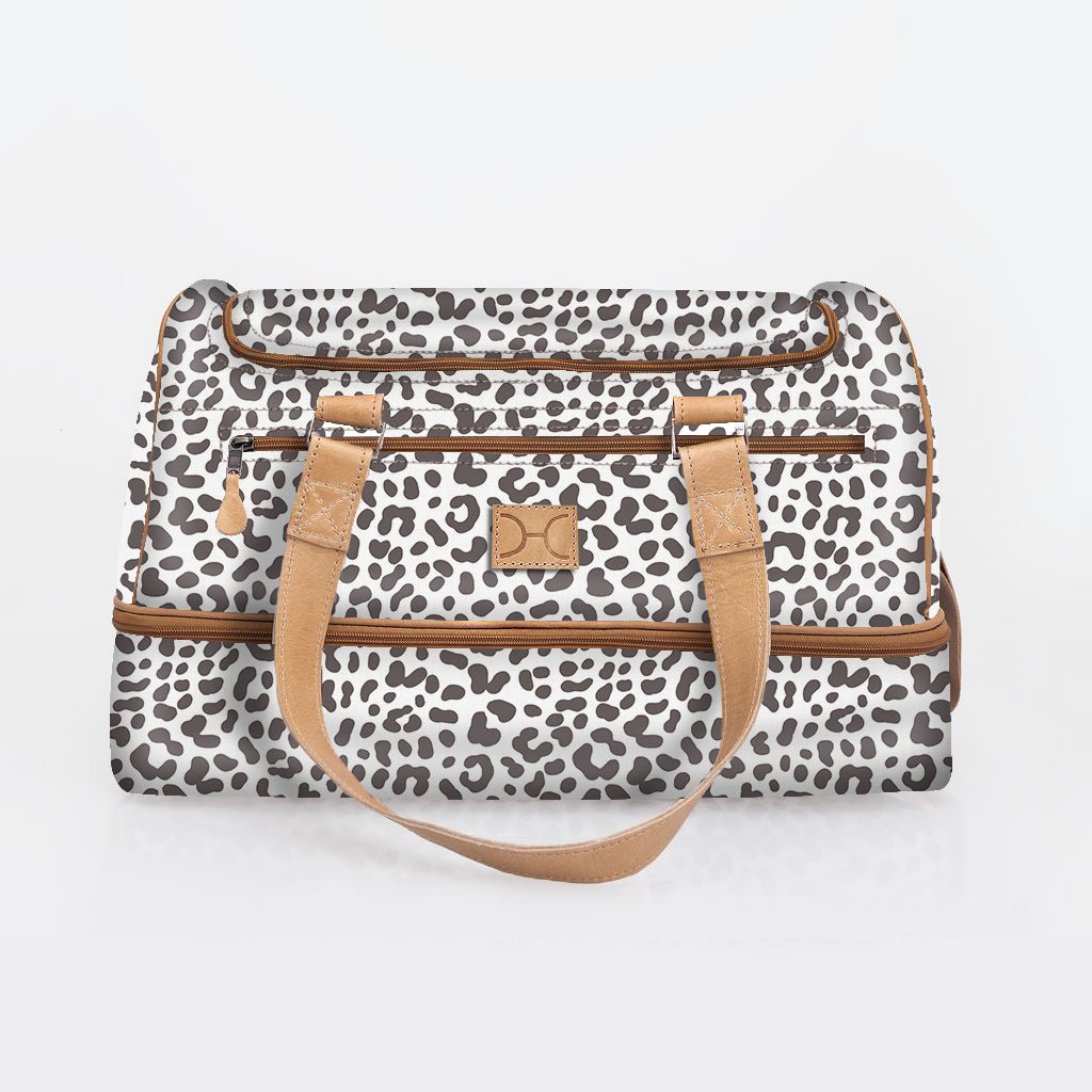 Golf Bag | Laminated Fabric with Genuine Leather Cheetah - White / Chunky Zip Travel Golf Bag Laminated Fabric