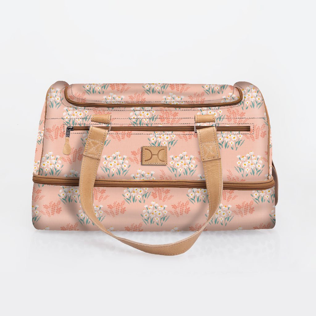 Golf Bag | Laminated Fabric with Genuine Leather Crazy Daisy - Blush / Chunky Zip Travel Golf Bag Laminated Fabric